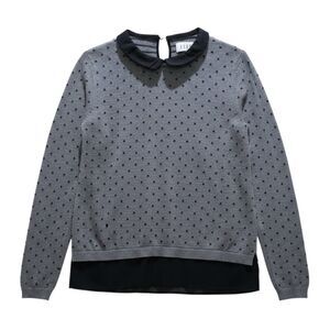 ELLE Women's Gray Polka Dot Long Sleeve Sweater Top Peter Pan Collar Size M